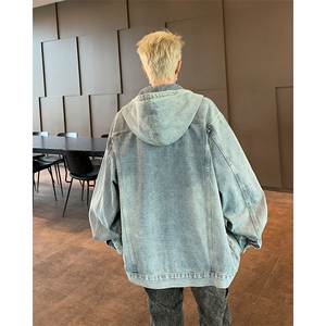 复古做旧水洗连帽牛仔外套男春秋季新款美式潮牌痞帅工装夹克上衣