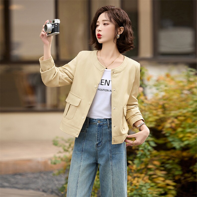 2025春秋季新款高级感质感长袖短款圆领pu皮衣夹克欧美时尚外套女，女装皮衣，美拉德工厂直营店