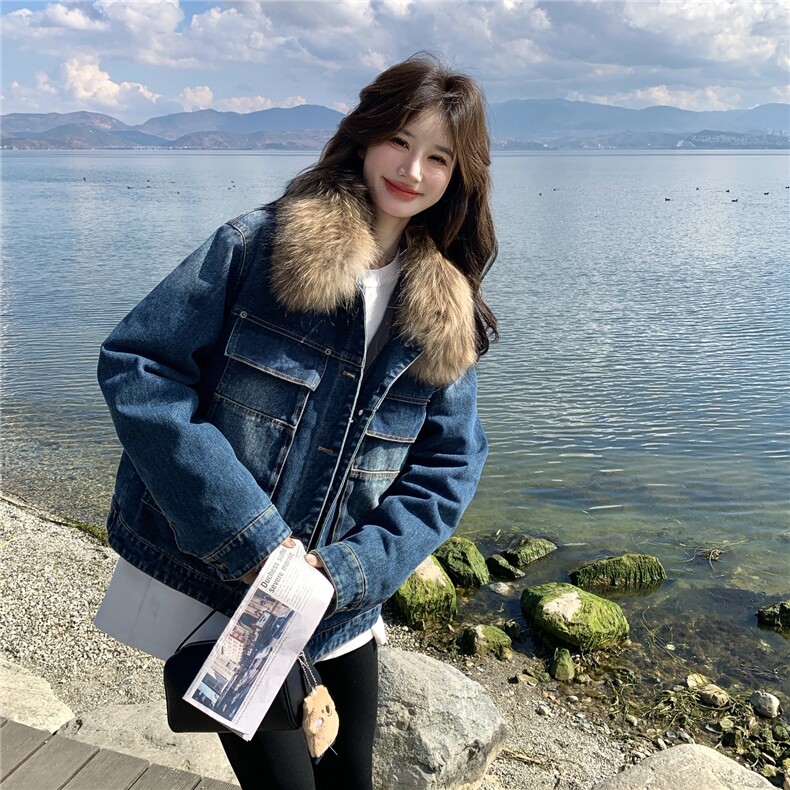 美式复古毛领羽绒内胆牛仔外套女中长小个子派克新款2025年冬季,女装羽绒服,艾米莉亚