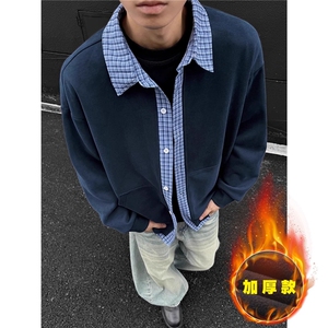 秋冬季新款假两件格子针织衫拼接休闲百搭外套WW70常规P47加绒52图片