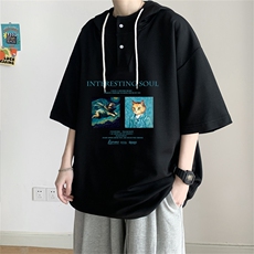 夏季港风冰丝宽松连帽短袖t恤五分体恤上衣TLM454-P40控58，男装T恤，电商B370