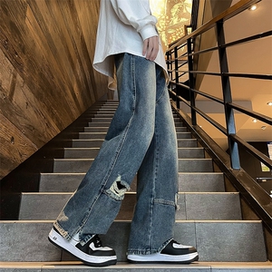 美式复古直筒破洞牛仔裤男女春秋设计感宽松阔腿长裤子N800-P48图片