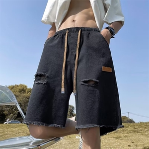美式破洞牛仔短裤男女夏季毛边五分裤高街vibe乞丐中裤WD745-p38图片