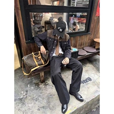 2026初春新款美式复古牛仔外套男士麂皮绒拼接原牛丹宁夹克，男装工装外套，四季星座505