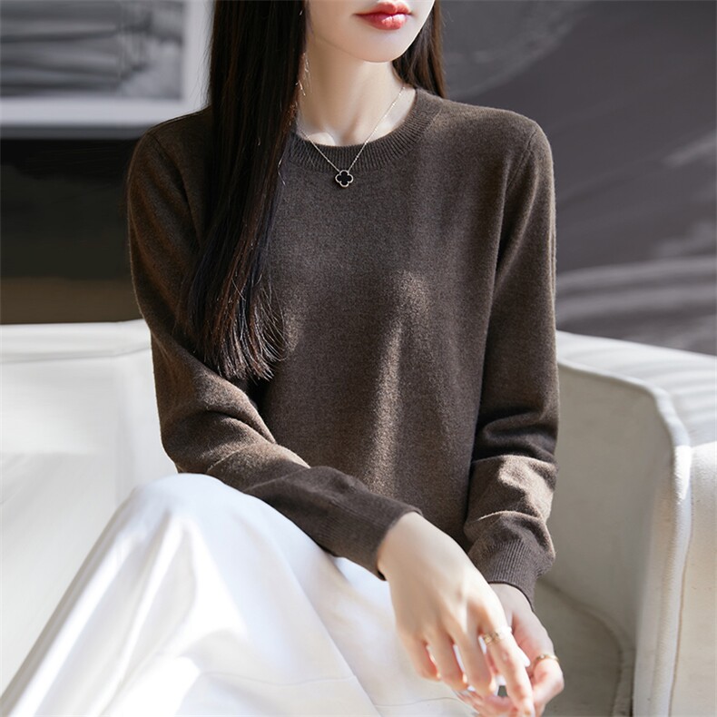 精纺丝光2025早春新款圆领纯羊毛衫亲肤毛衣女薄针织小衫秋冬上衣,女装羊毛衫,朝思羊绒