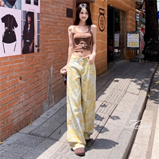 扎染印花浅蓝阔腿牛仔裤高腰垂感直筒小个子拖地裤K8307-P38网图，女装牛仔裤，电商B245
