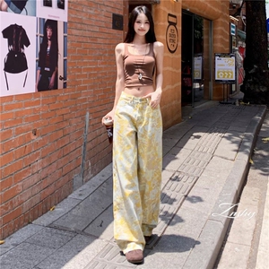扎染印花浅蓝阔腿牛仔裤高腰垂感直筒小个子拖地裤K8307-P38网图图片