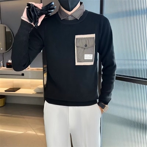 春秋季新款毛衣男修身加厚潮流拼接假两件圆领保暖针织衫男 S533图片