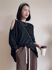 中长款漏肩卫衣，女装卫衣/绒衫，1+1 MAIN ROAD