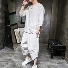 W57P75室内风2024春夏装新款亚麻风大口袋七分套装盘扣刺绣，男装T恤，电商A026