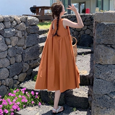 橘色无袖背心连衣裙女2024夏气质法式设计感小众压褶露背宽松长裙，女装连衣裙，浙宝276（原081）