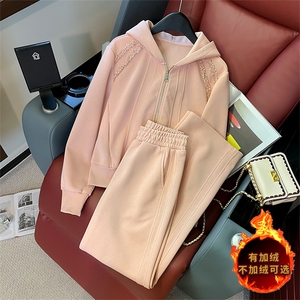 女秋拉链连帽开衫卫衣阔腿裤两件套潮图片