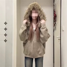 时尚日系新款开衫毛领连帽卫衣女潮流百搭慵懒ins外套LJ7522-P65，女装短外套，星座1008