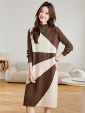 2025黑白撞色针织连衣裙女秋冬新款半高领气质显瘦配大衣裙子，女装针织衫/毛衣，艾米