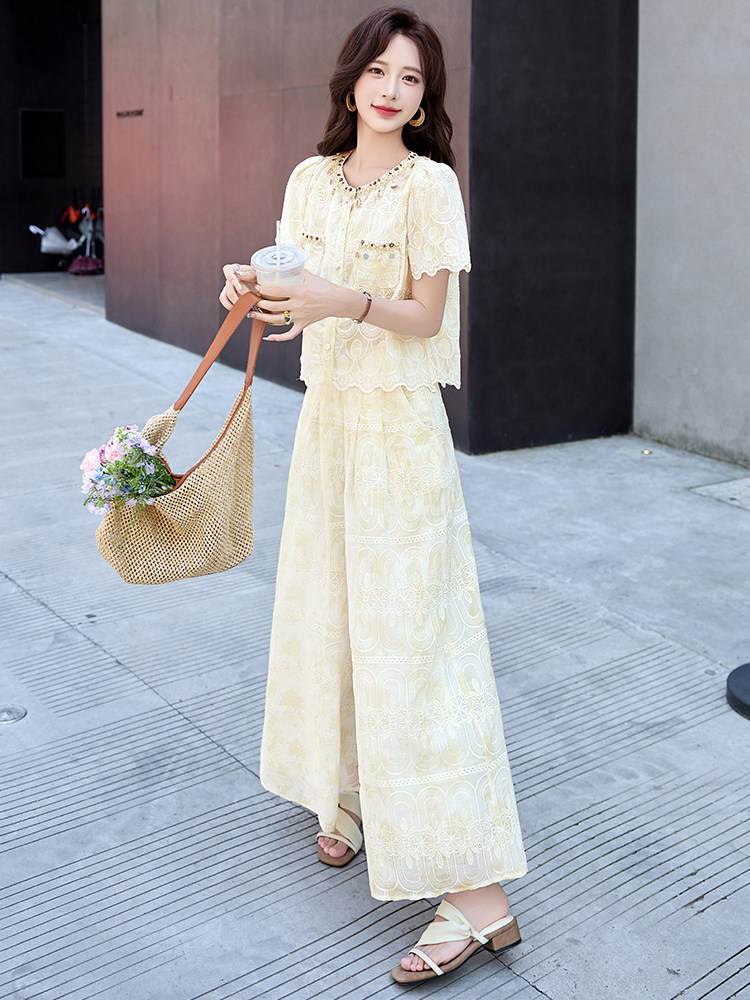 法式小香风刺绣蕾丝套装女2025夏季新款时尚亮片拼接阔腿裤两件套,女装套装/套裙,冬木谷雨