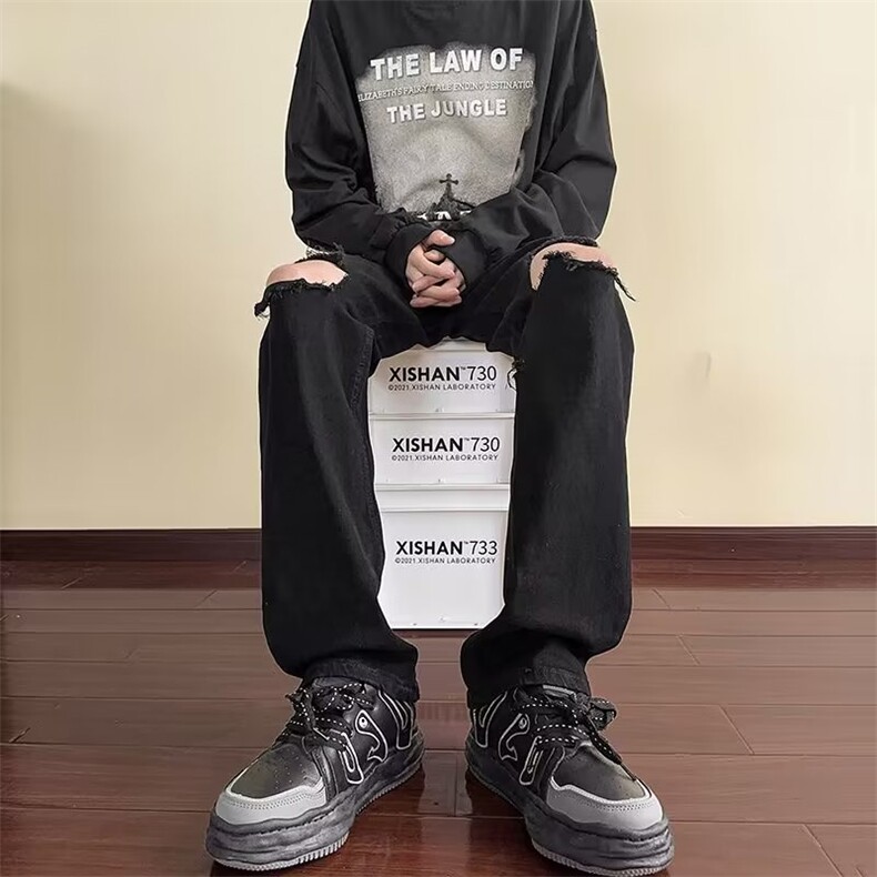 黑色牛仔裤男宽松直筒膝盖破洞乞丐裤潮牌痞帅潮流炸街休闲长裤子,男装牛仔裤,星座601-2