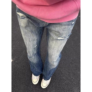美式街头破洞牛仔裤男潮牌宽松直筒cleanfit闪电裤子WLA4111-P45图片