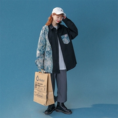 中性风花型拼接长袖衬衫女大码M-5XL情侣潮长袖衬衫男CS7714P60，男装衬衫，星座227-7