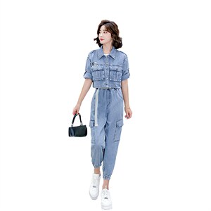 2022夏季新款简约气质减龄翻领个性复古牛仔两件套图片