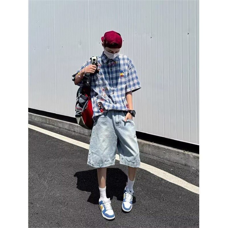 美式复古格子短袖衬衫男夏季宽松刺绣衬衣设计感格纹情侣百搭半袖图片