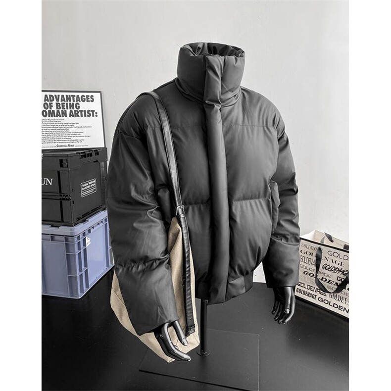 现货5W件冬季三防重磅硬挺boxy短款羽绒立领PU皮棉衣外套加厚棉服,男装棉衣,电商A443