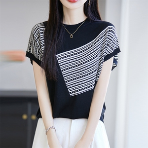 轻奢2025新款夏季天丝莱赛尔针织短袖T恤女宽松圆领斜纹打底上衣,女装针织衫/毛衣,唐诺