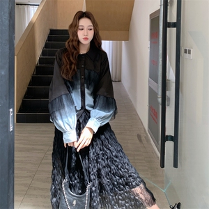 撞色网纱拼接衬衫半身裙套装女2025春秋新款设计感宽松显瘦两件套图片