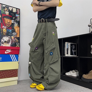 2025夏季新款直筒工装裤男女美式宽松花花刺绣伞兵裤KZ0126-P70图片