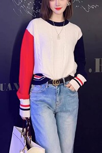 2025年秋季时尚百搭通勤简约休闲拼色套衫，女装针织衫/毛衣，琳尚羊绒