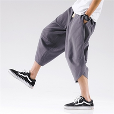 7084夏季中国风亚麻七分裤男士宽松大码复古大短裤QT715-深灰，男装休闲裤，钱塘715