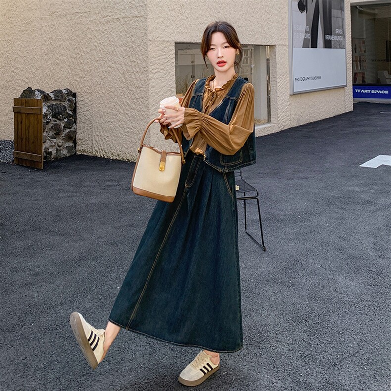 复古衬衫牛仔马甲三件套春秋女2026春新宽松设计感半身裙时尚套装,女装套装/套裙,印象茜