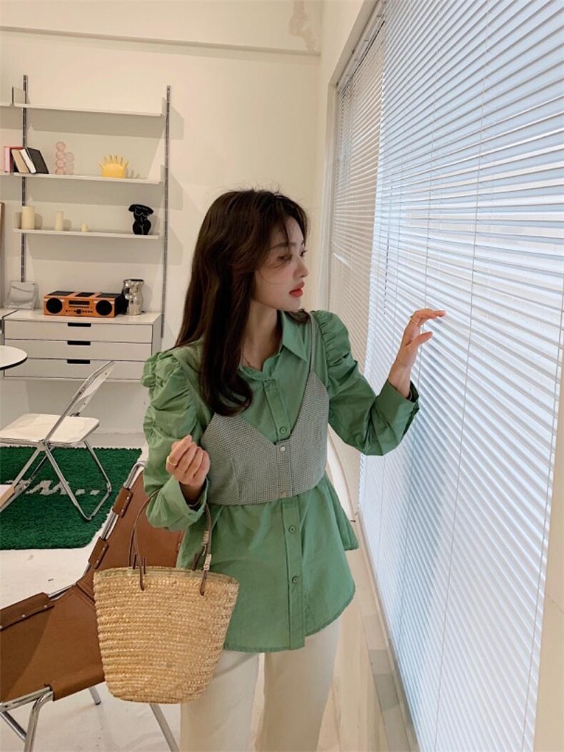 【现货】春款新泡泡袖背心两件套衬衫，女装背心吊带，NIY