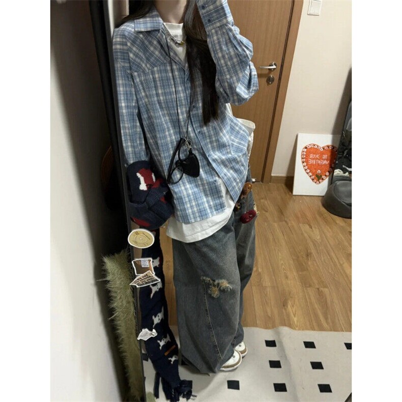 CS78LL-P54美式复古蓝色格子衬衫高级感痞帅长袖衬衣,男装衬衫,星座1007（原301D）