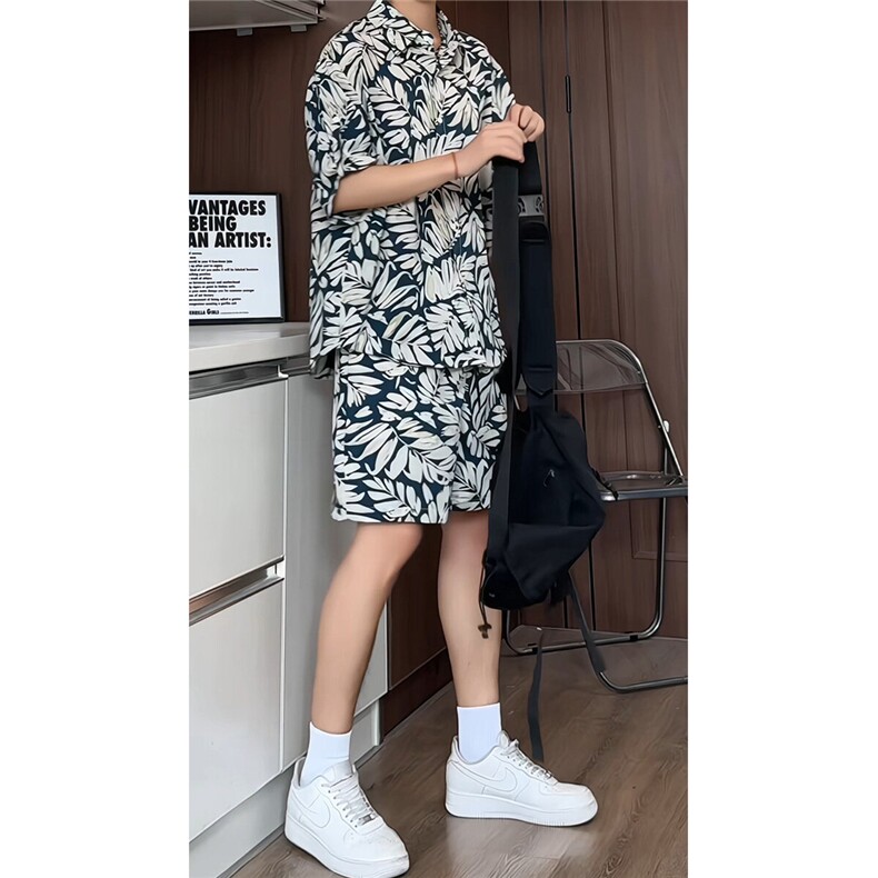 短袖衬衫男+短裤男套装男100%聚酯纤维M-5XL大码TZ78707P50控98,男装休闲套装,星座226-1