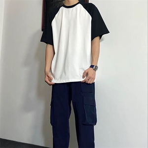 抖音得物高品质二开240克宽松纯棉美式潮牌插肩袖拼接短袖T恤图片