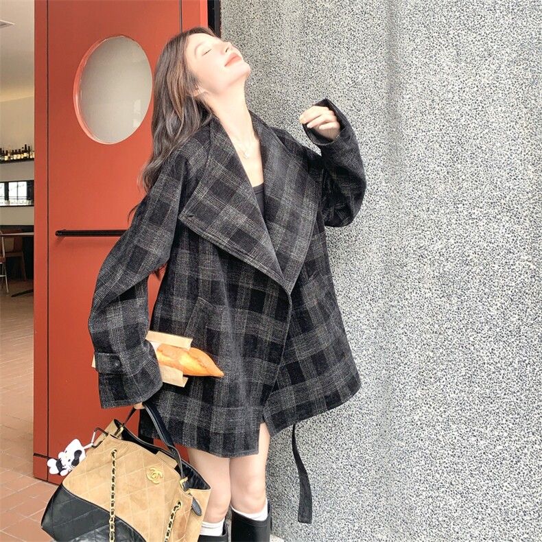 复古时尚休闲格纹风衣外套女春秋2025新款英伦风超火流行爆款大衣,女装短外套,2C305