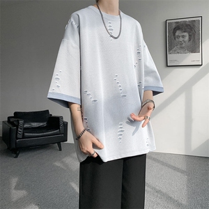 T10137-特批33  控68 开口笑高品质夏季大码短袖破洞潮流百搭T恤图片