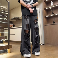 2024美式高街破洞牛仔裤男女宽松直筒痞帅嘻哈阔腿裤N656-P45，男装牛仔裤，星座308B-2