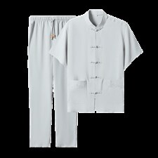 中老年亚麻套装高档唐装夏太极服中式刺绣立领短袖上衣风套装，男装中老年男装，钱塘723