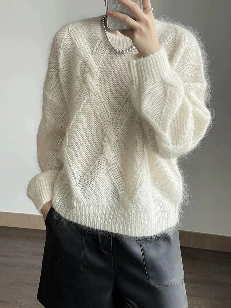 甜美风~圆领衫女针织毛衣秋冬高级感羊毛慵懒风宽松打底衫ins,女装羊毛衫,恩泰羊绒