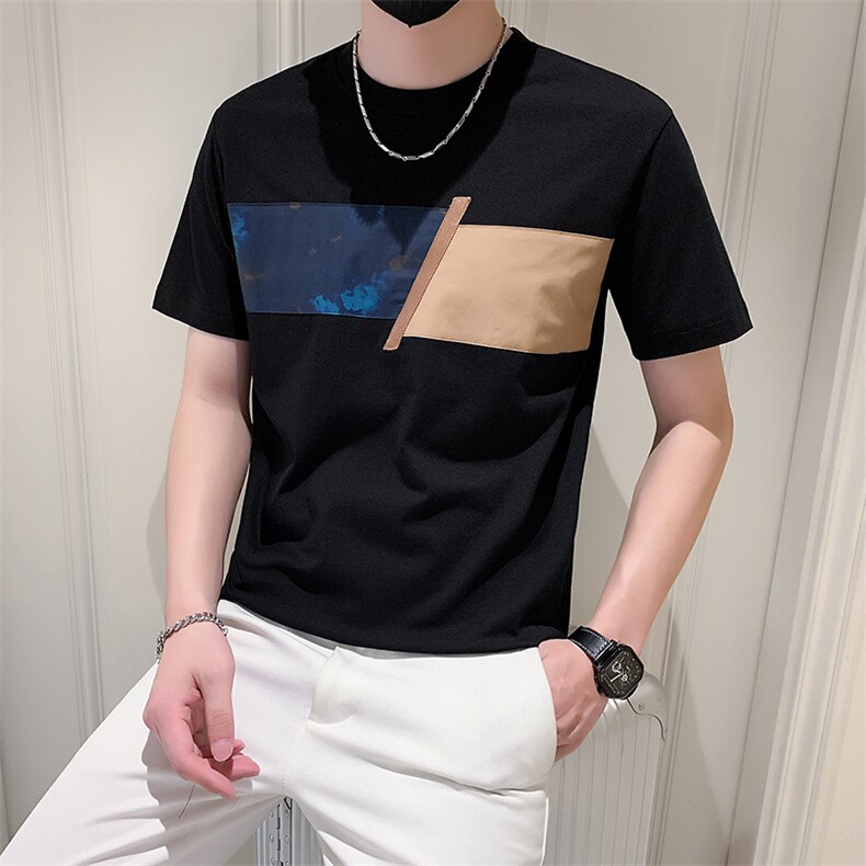 2025新款夏季T恤男短袖潮牌拼接男装半袖体恤A313-1-66397-P48,男装T恤,电商A313-1