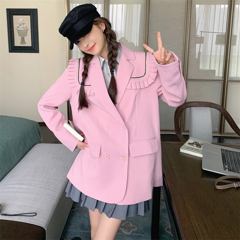 设计感可拆卸海军领粉色小西装外套女春秋季气质宽松休闲时尚西服,女装西装,帛香坊