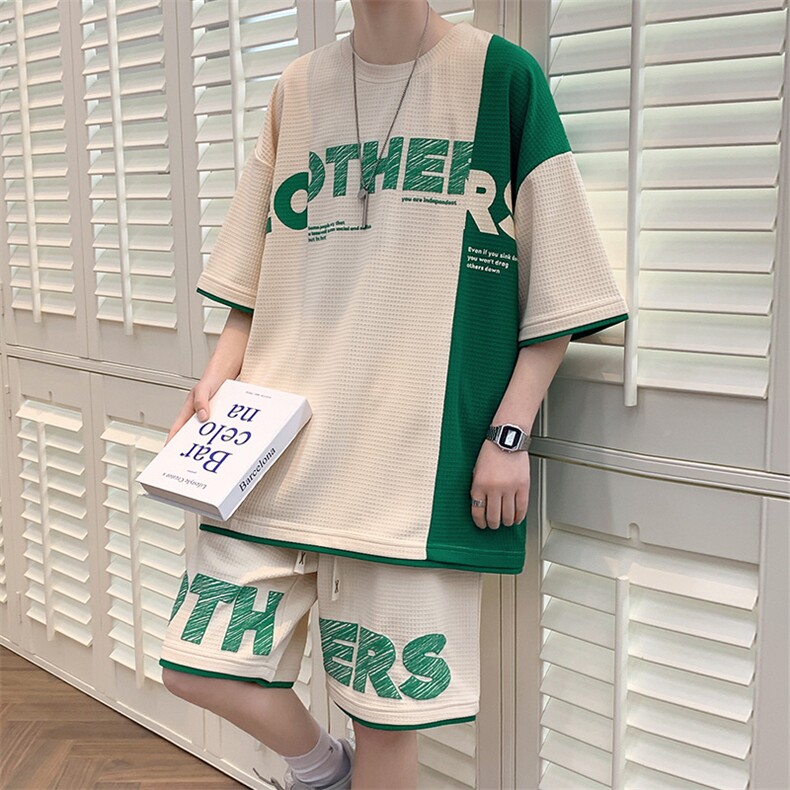 港风夏季短袖短裤两件套男潮华夫格情侣半袖T恤休闲套装6619-P60，男装T恤，电商A441-1