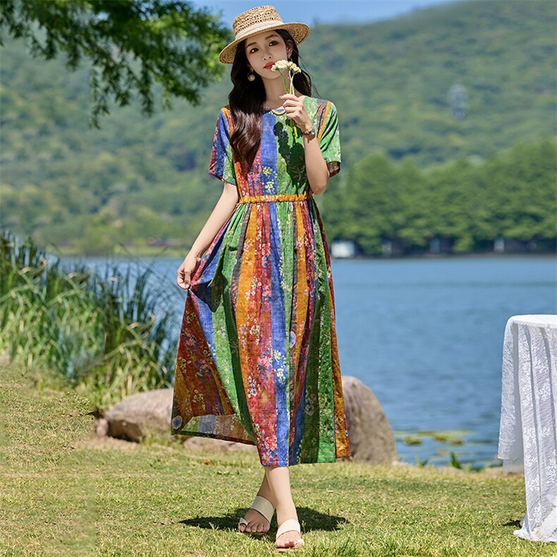 2026夏装新款简约时尚休闲气质印花连衣裙,女装连衣裙,魅丽静蓝