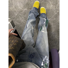【有货】复古蓝泼墨破洞牛仔裤男款夏季美式vibe裤子KNZ01LL-P48，男装牛仔裤，星座1007（原301D）