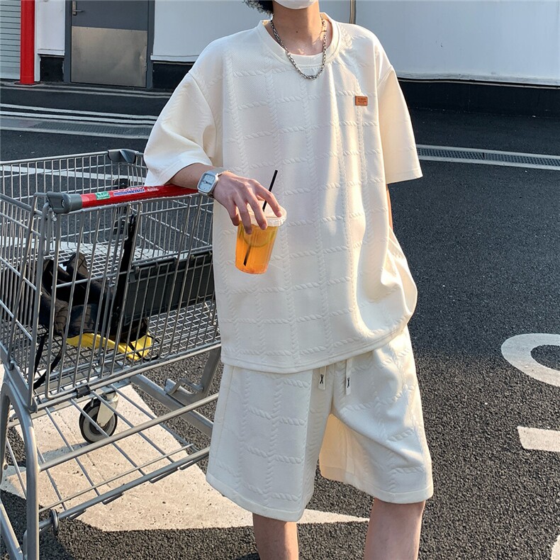2026夏短袖冰丝T恤格子套装大码纹理提花五分袖TZ5699/特P50杏,男装T恤,电商A094