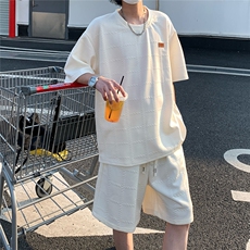 2026夏短袖冰丝T恤格子套装大码纹理提花五分袖TZ5699/特P50杏，男装T恤，电商A094