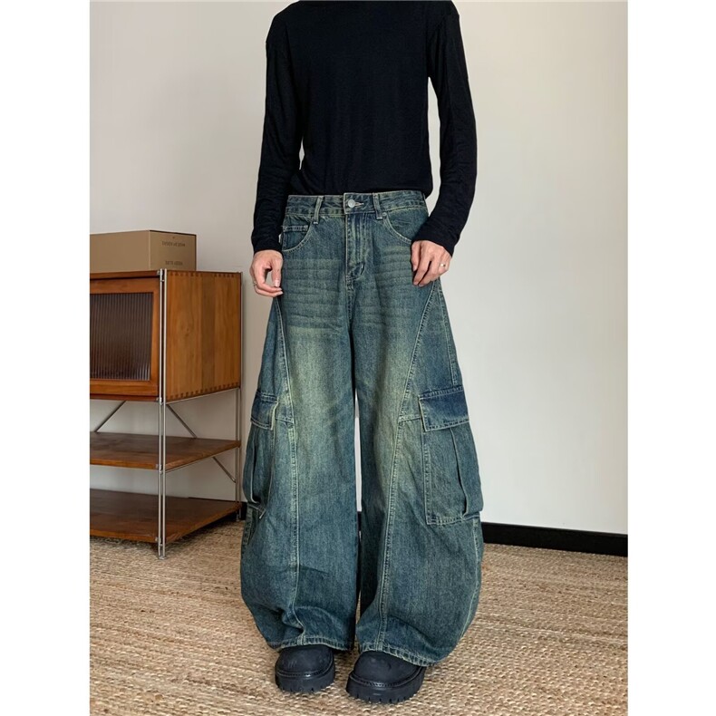 复古做旧水洗牛仔裤大口袋设计感宽松阔腿弯刀长裤男女7871P59，男装牛仔裤，星座410-2