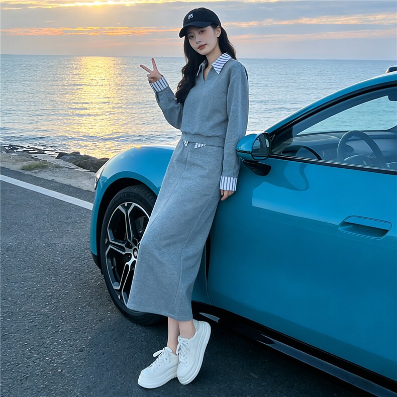设计感气质时尚套装女秋季新款拼接衬衫领假两件卫衣半身裙两件套图片