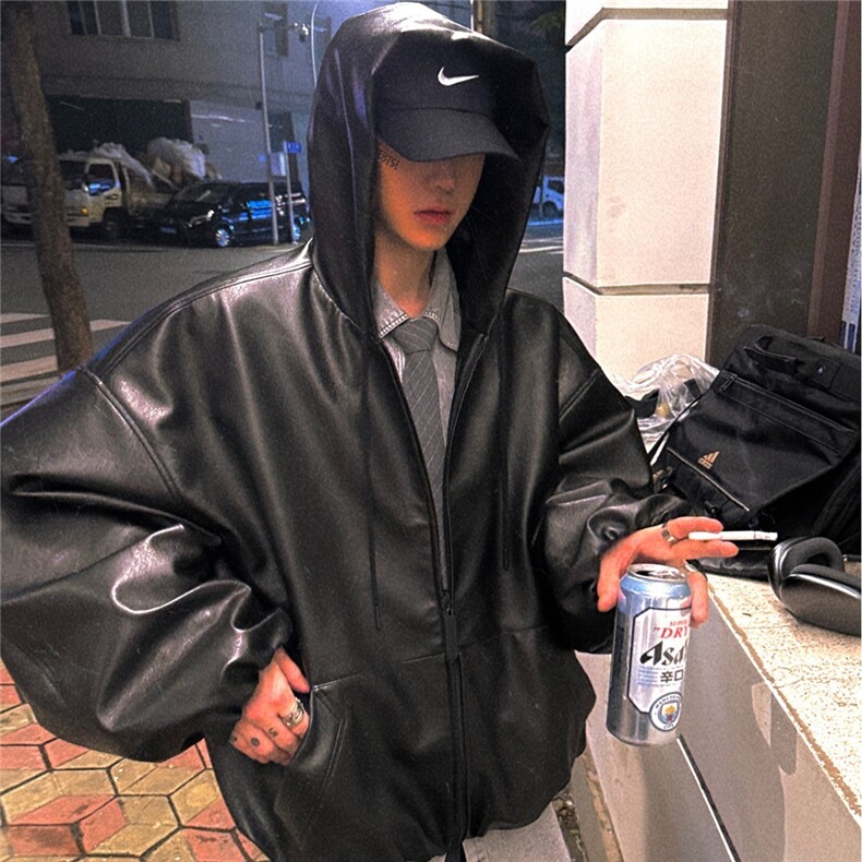 短款连帽皮衣外套男2025新款韩版廓形高级感宽松百搭风衣PU皮夹克图片